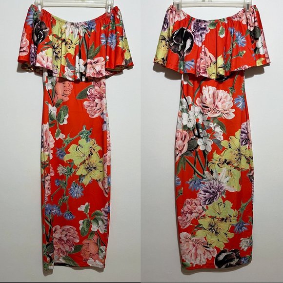 ASOS Floral Ruffle Bardot Off the Shoulder Midi Dress Size 0 Tall - Picture 1 of 9